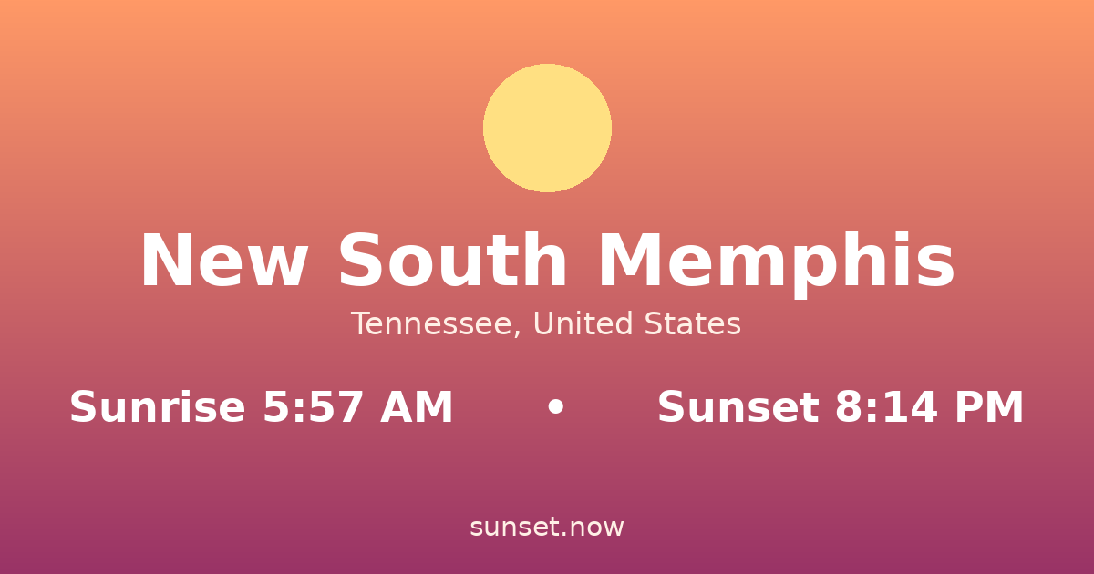 Sunrise & sunset times in New South Memphis, Tennessee — sunrise 5:57 AM, sunset 8:14 PM
