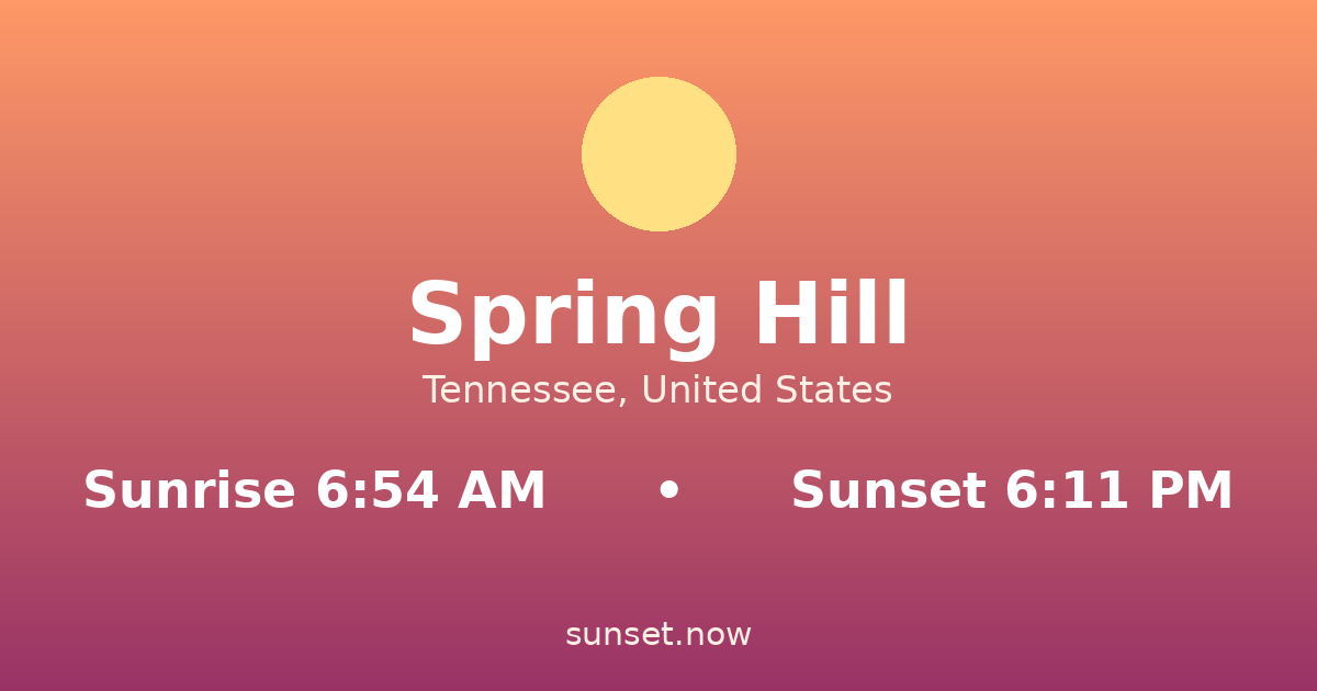 Sunrise & sunset times in Spring Hill, Tennessee — sunrise 6:54 AM, sunset 6:11 PM