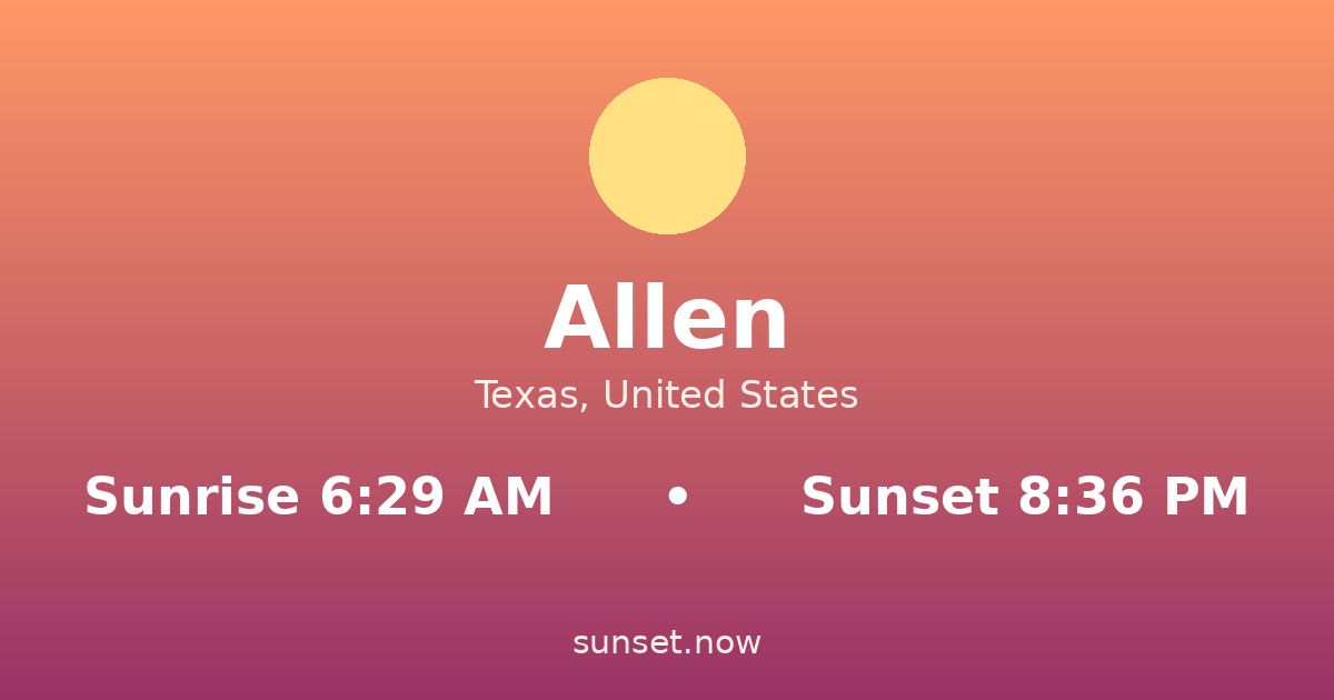Sunrise & sunset times in Allen, Texas — sunrise 6:29 AM, sunset 8:36 PM