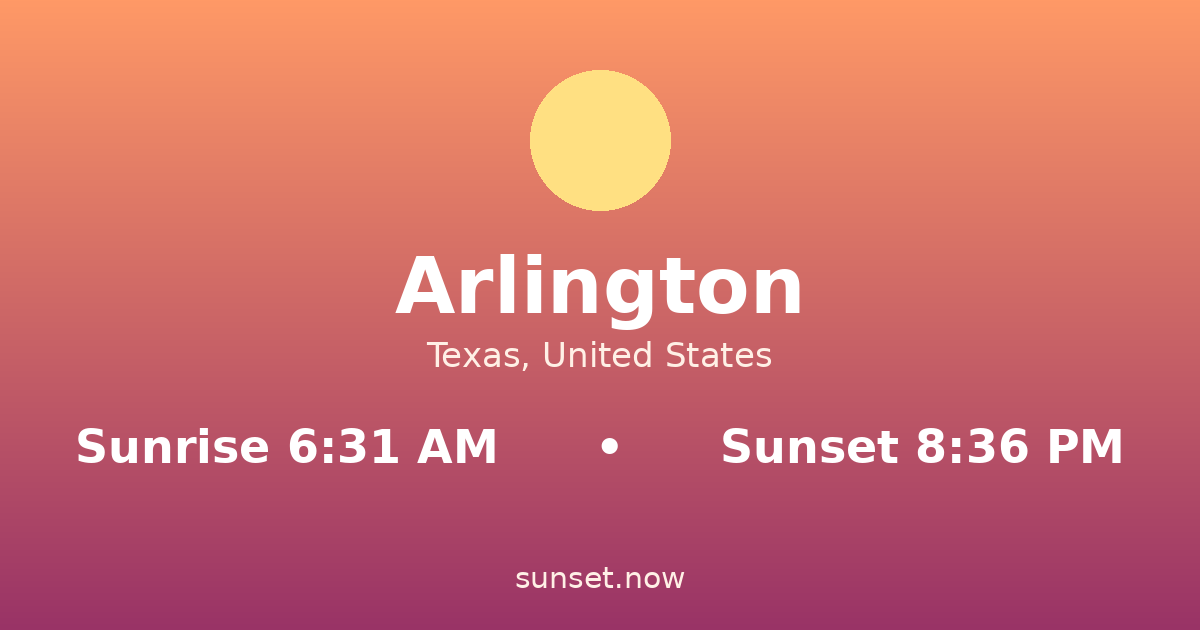 Sunrise & sunset times in Arlington, Texas — sunrise 6:31 AM, sunset 8:36 PM
