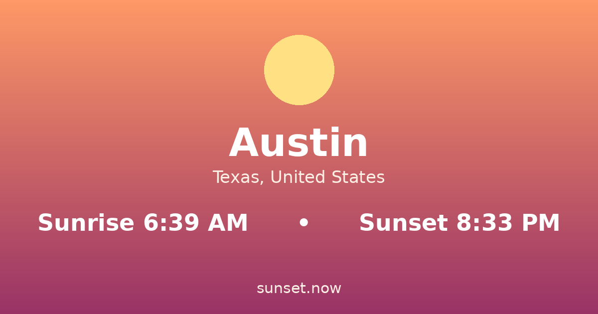 Sunrise & sunset times in Austin, Texas — sunrise 6:39 AM, sunset 8:33 PM