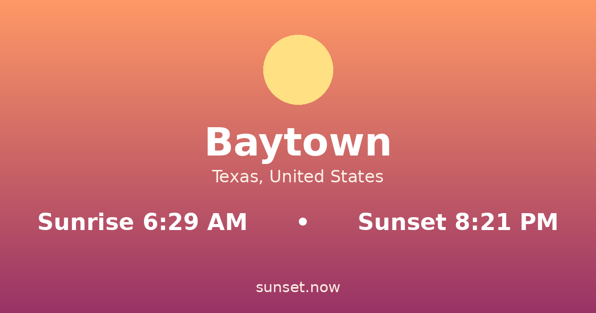 Sunrise & sunset times in Baytown, Texas — sunrise 6:29 AM, sunset 8:21 PM
