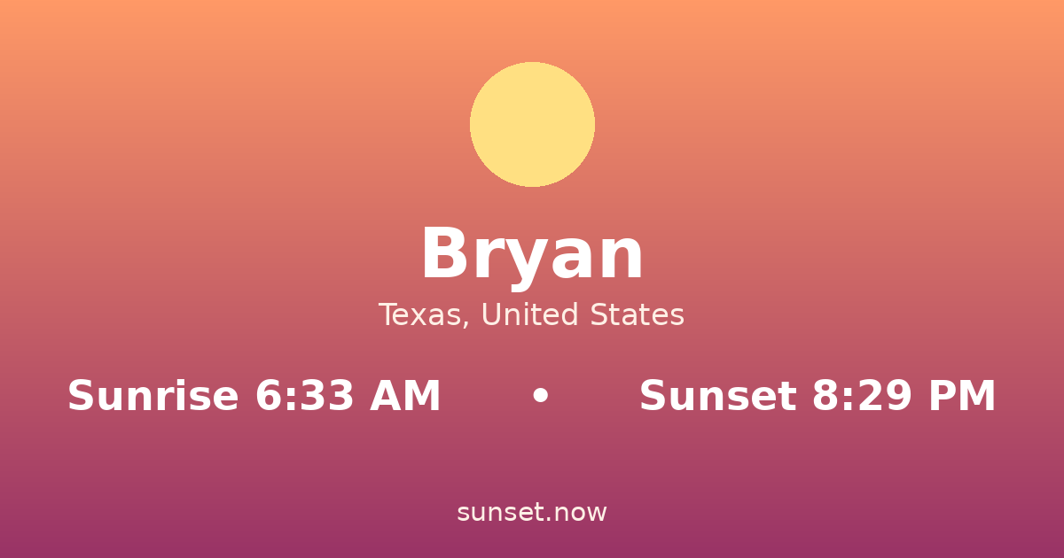 Sunrise & sunset times in Bryan, Texas — sunrise 6:33 AM, sunset 8:29 PM