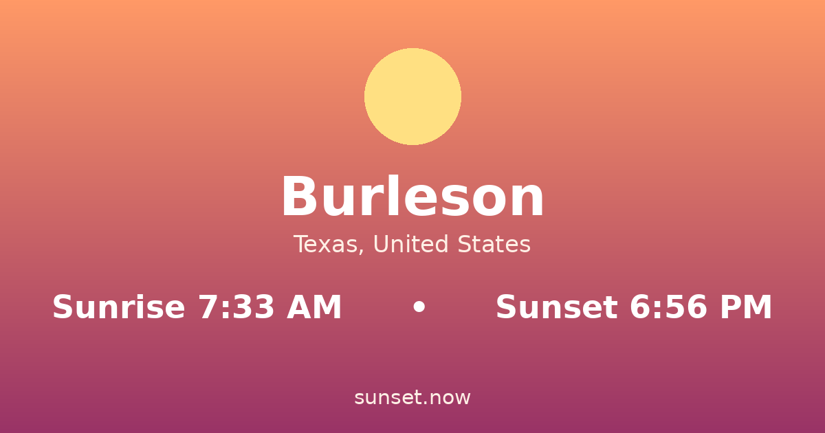 Sunrise & sunset times in Burleson, Texas — sunrise 7:33 AM, sunset 6:56 PM