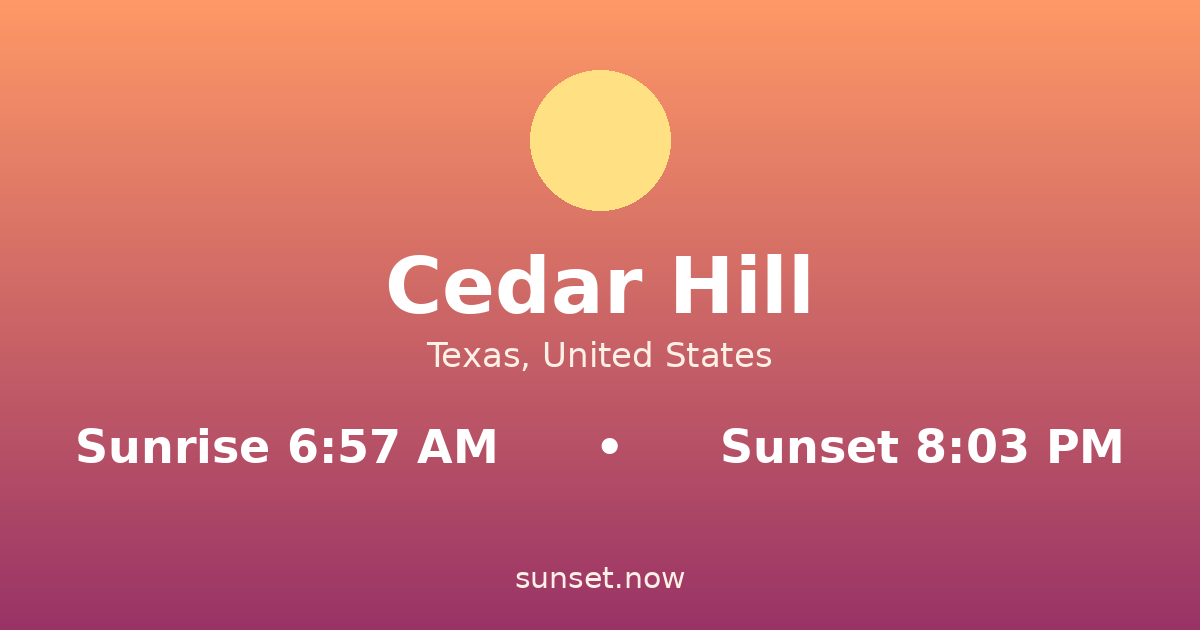 Sunrise & sunset times in Cedar Hill, Texas — sunrise 6:57 AM, sunset 8:03 PM