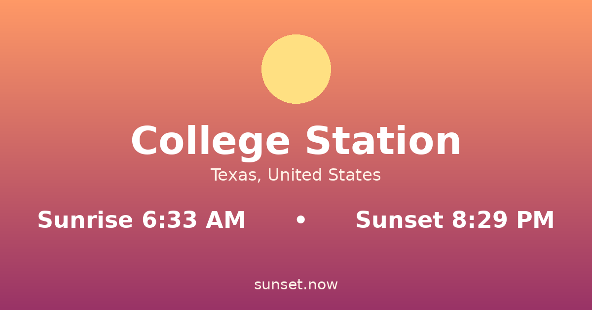 Sunrise & sunset times in College Station, Texas — sunrise 6:33 AM, sunset 8:29 PM