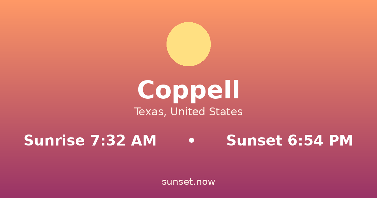 Sunrise & sunset times in Coppell, Texas — sunrise 7:32 AM, sunset 6:54 PM
