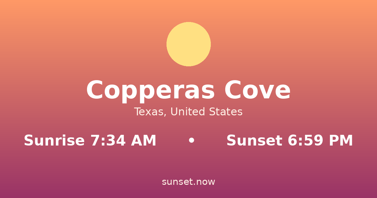 Sunrise & sunset times in Copperas Cove, Texas — sunrise 7:34 AM, sunset 6:59 PM