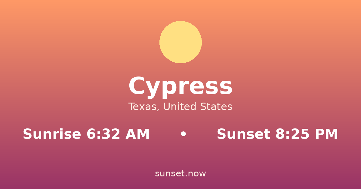 Sunrise & sunset times in Cypress, Texas — sunrise 6:32 AM, sunset 8:25 PM