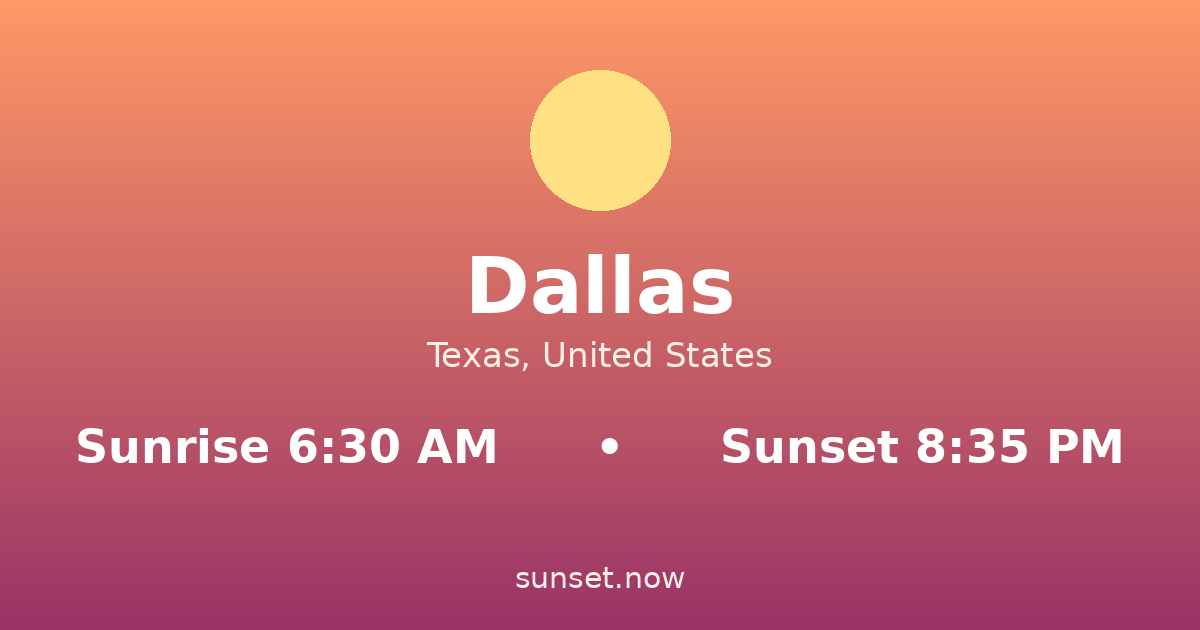 Sunrise & sunset times in Dallas, Texas — sunrise 6:30 AM, sunset 8:35 PM