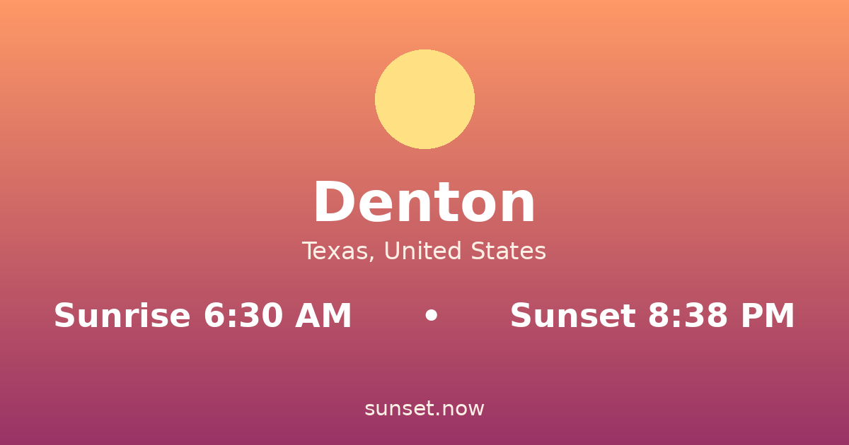 Sunrise & sunset times in Denton, Texas — sunrise 6:30 AM, sunset 8:38 PM