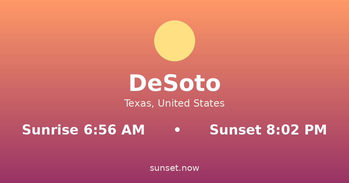 Sunrise & sunset times in DeSoto, Texas — sunrise 6:56 AM, sunset 8:02 PM