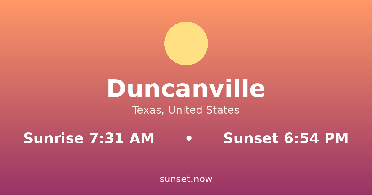 Sunrise & sunset times in Duncanville, Texas — sunrise 7:31 AM, sunset 6:54 PM