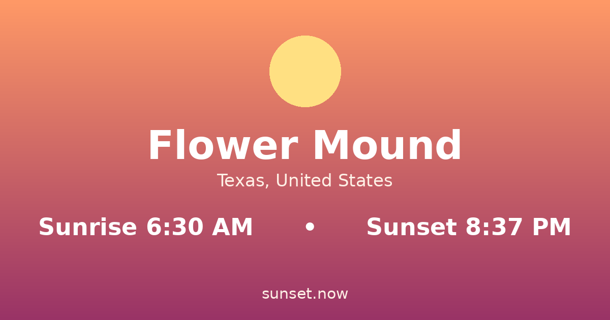 Sunrise & sunset times in Flower Mound, Texas — sunrise 6:30 AM, sunset 8:37 PM