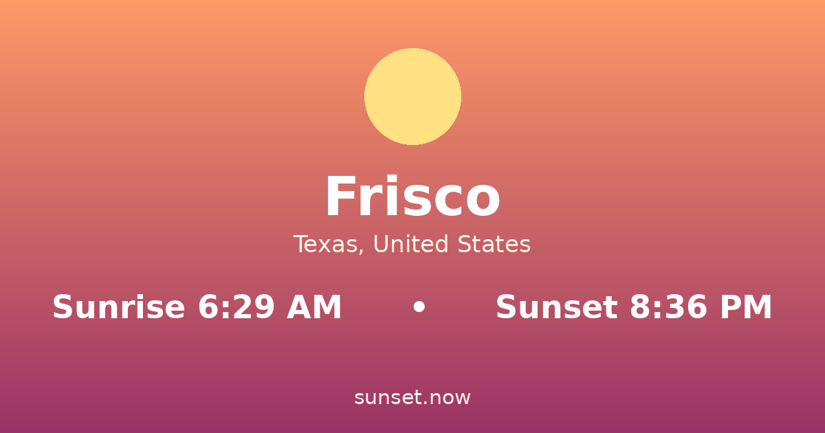 Sunrise & sunset times in Frisco, Texas — sunrise 6:29 AM, sunset 8:36 PM