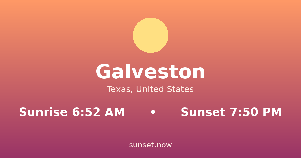 Sunrise & sunset times in Galveston, Texas — sunrise 6:52 AM, sunset 7:50 PM