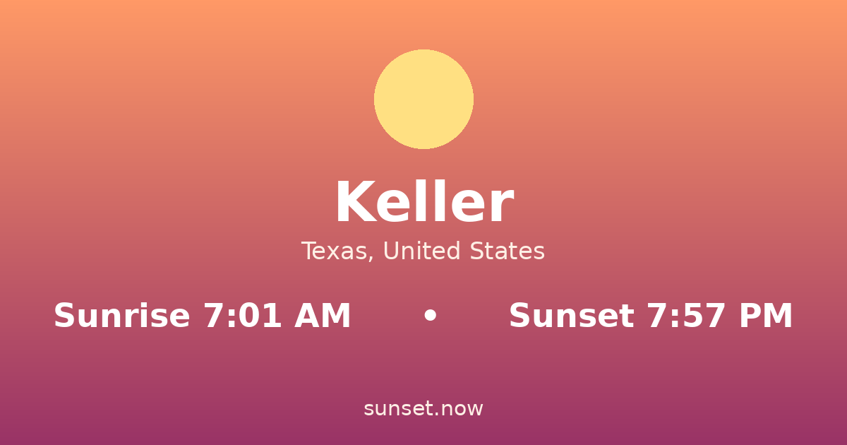 Sunrise & sunset times in Keller, Texas — sunrise 7:01 AM, sunset 7:57 PM
