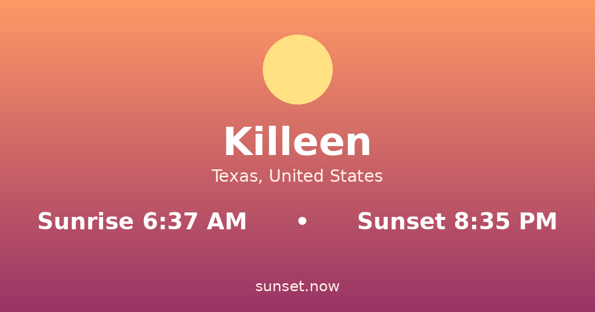 Sunrise & sunset times in Killeen, Texas — sunrise 6:37 AM, sunset 8:35 PM