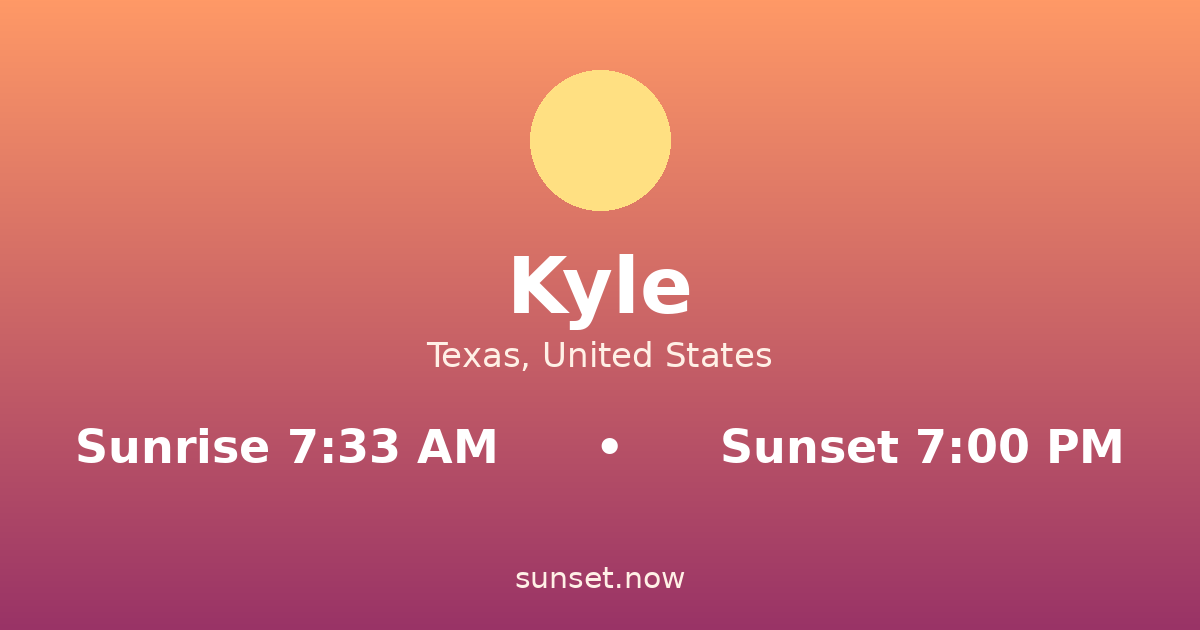Sunrise & sunset times in Kyle, Texas — sunrise 7:33 AM, sunset 7:00 PM