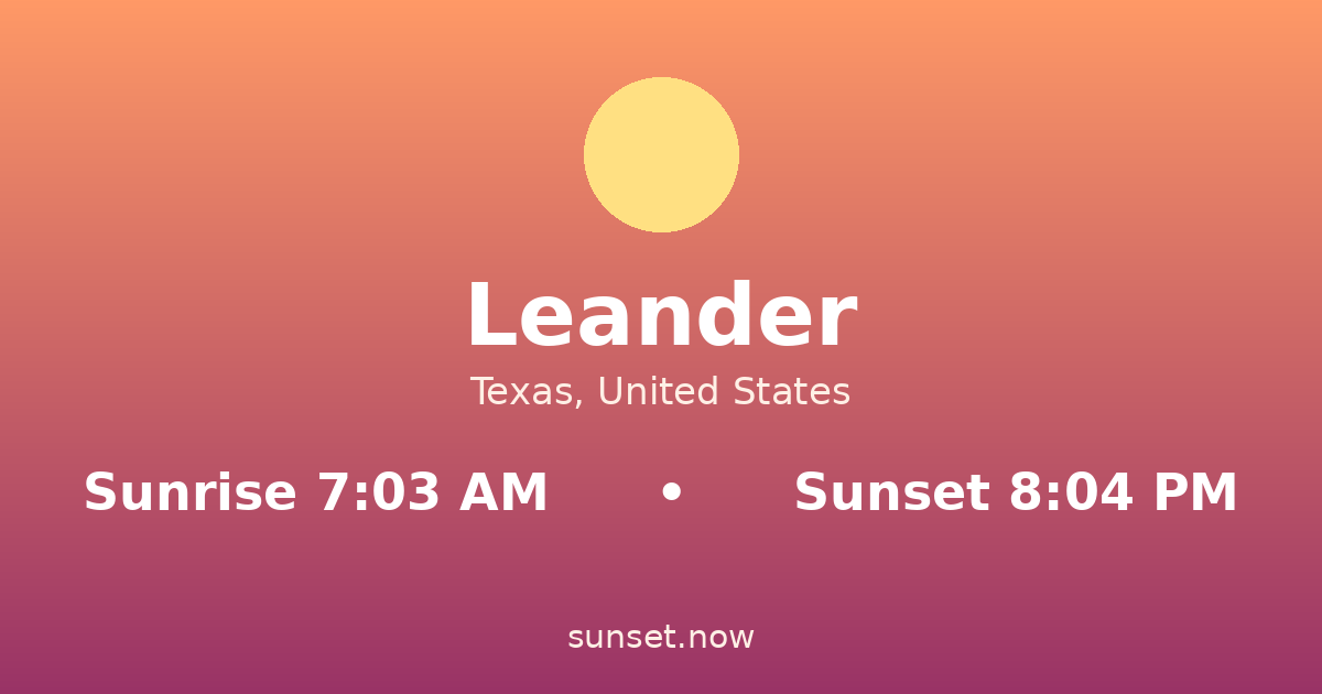 Sunrise & sunset times in Leander, Texas — sunrise 7:03 AM, sunset 8:04 PM