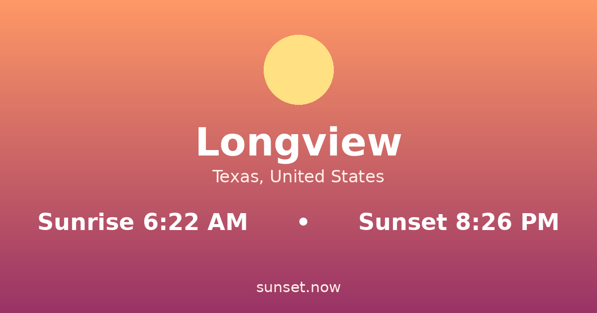 Sunrise & sunset times in Longview, Texas — sunrise 6:22 AM, sunset 8:26 PM
