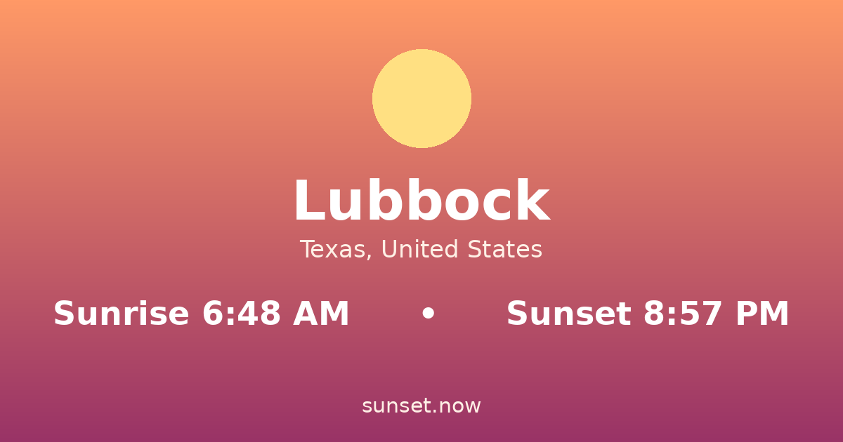 Sunrise & sunset times in Lubbock, Texas — sunrise 6:48 AM, sunset 8:57 PM