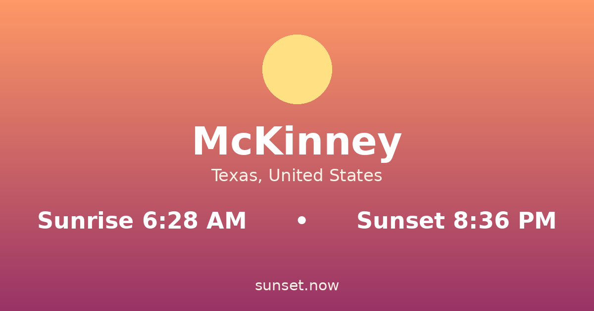 Sunrise & sunset times in McKinney, Texas — sunrise 6:28 AM, sunset 8:36 PM