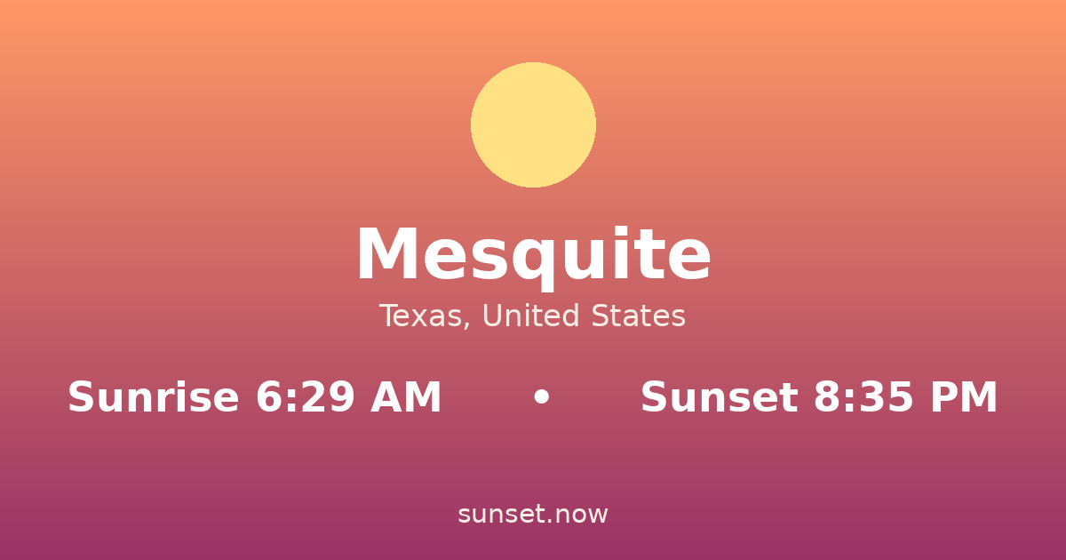 Sunrise & sunset times in Mesquite, Texas — sunrise 6:29 AM, sunset 8:35 PM