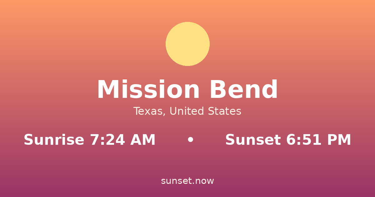 Sunrise & sunset times in Mission Bend, Texas — sunrise 7:24 AM, sunset 6:51 PM