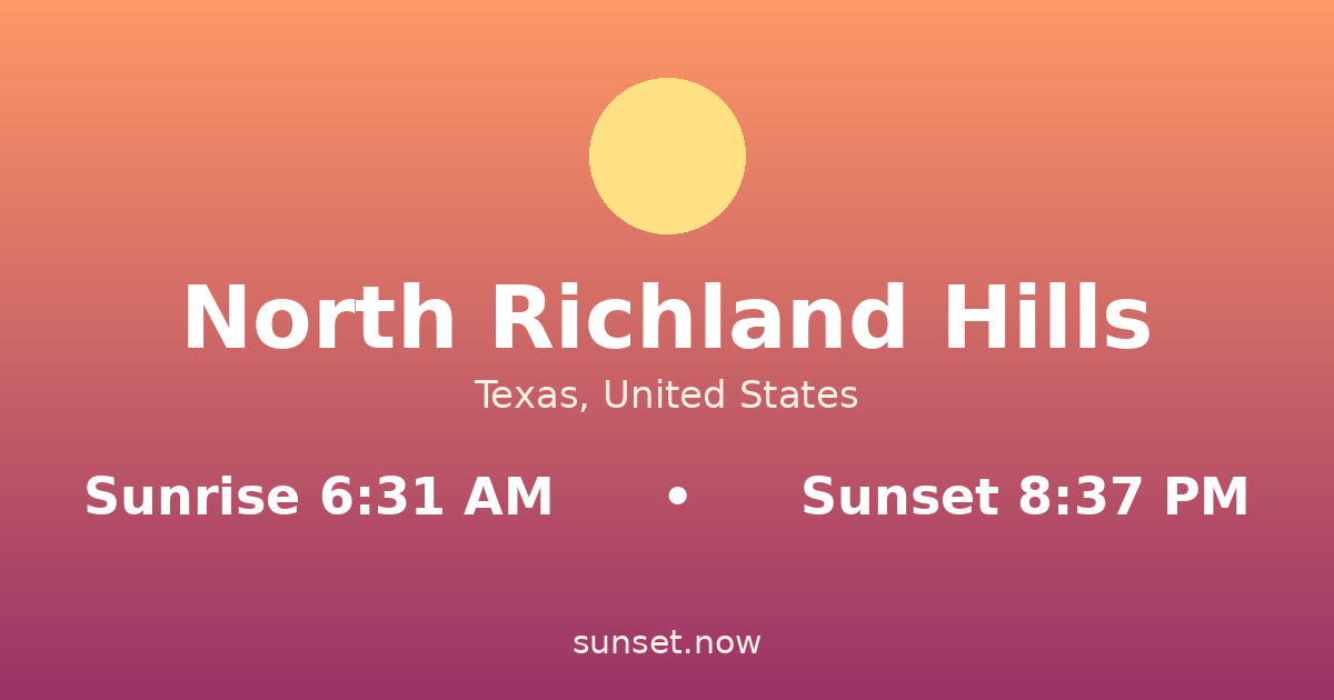 Sunrise & sunset times in North Richland Hills, Texas — sunrise 6:31 AM, sunset 8:37 PM