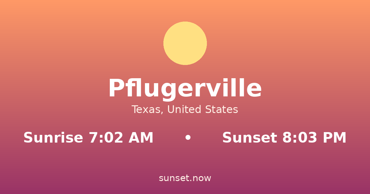 Sunrise & sunset times in Pflugerville, Texas — sunrise 7:02 AM, sunset 8:03 PM