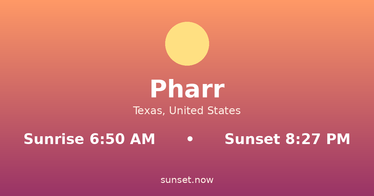 Sunrise & sunset times in Pharr, Texas — sunrise 6:50 AM, sunset 8:27 PM