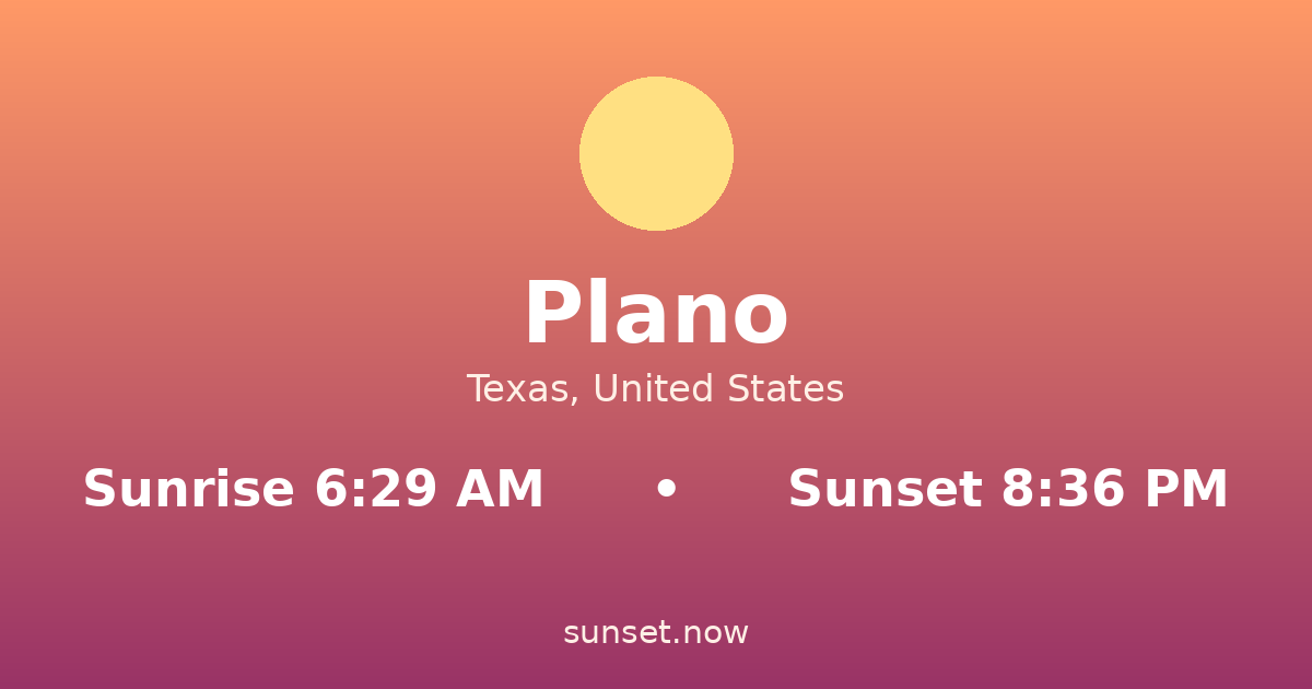 Sunrise & sunset times in Plano, Texas — sunrise 6:29 AM, sunset 8:36 PM