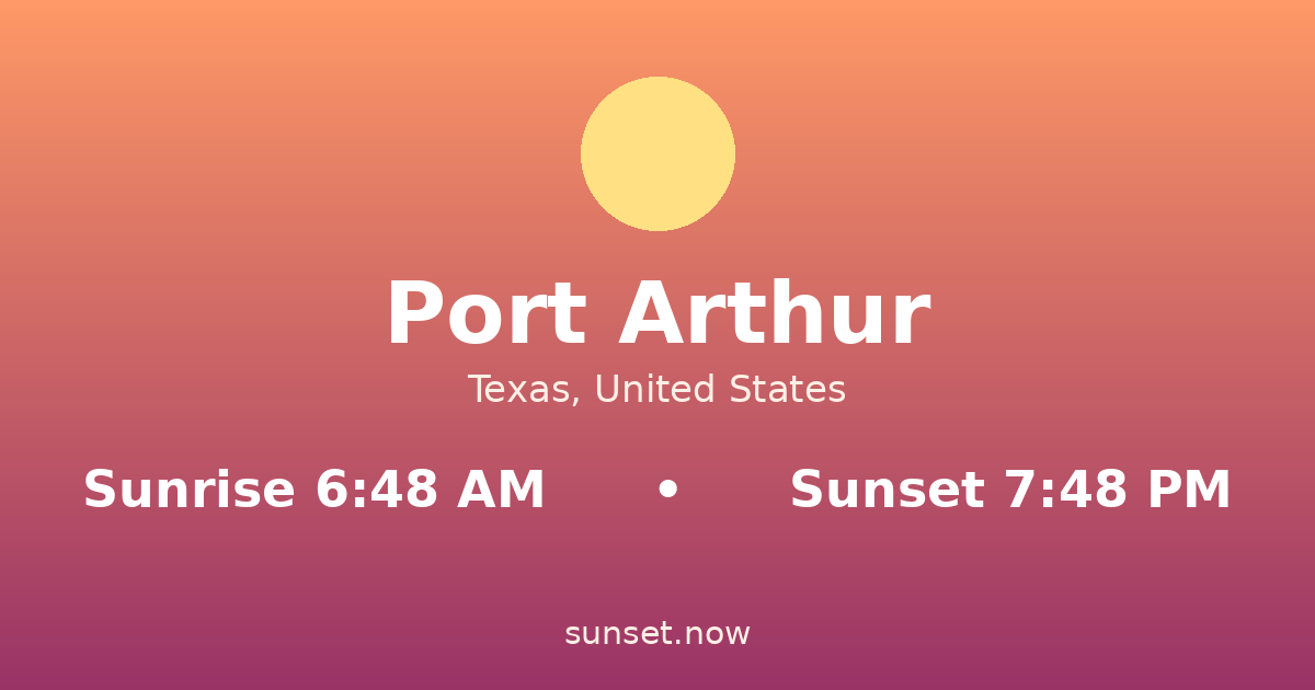 Sunrise & sunset times in Port Arthur, Texas — sunrise 6:48 AM, sunset 7:48 PM