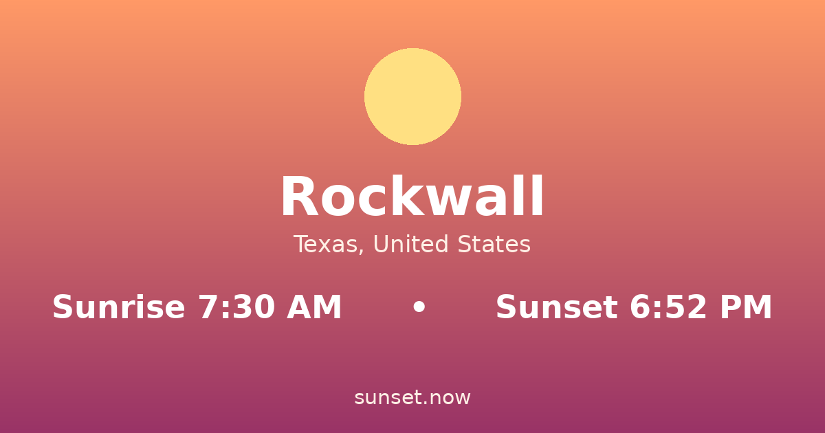Sunrise & sunset times in Rockwall, Texas — sunrise 7:30 AM, sunset 6:52 PM