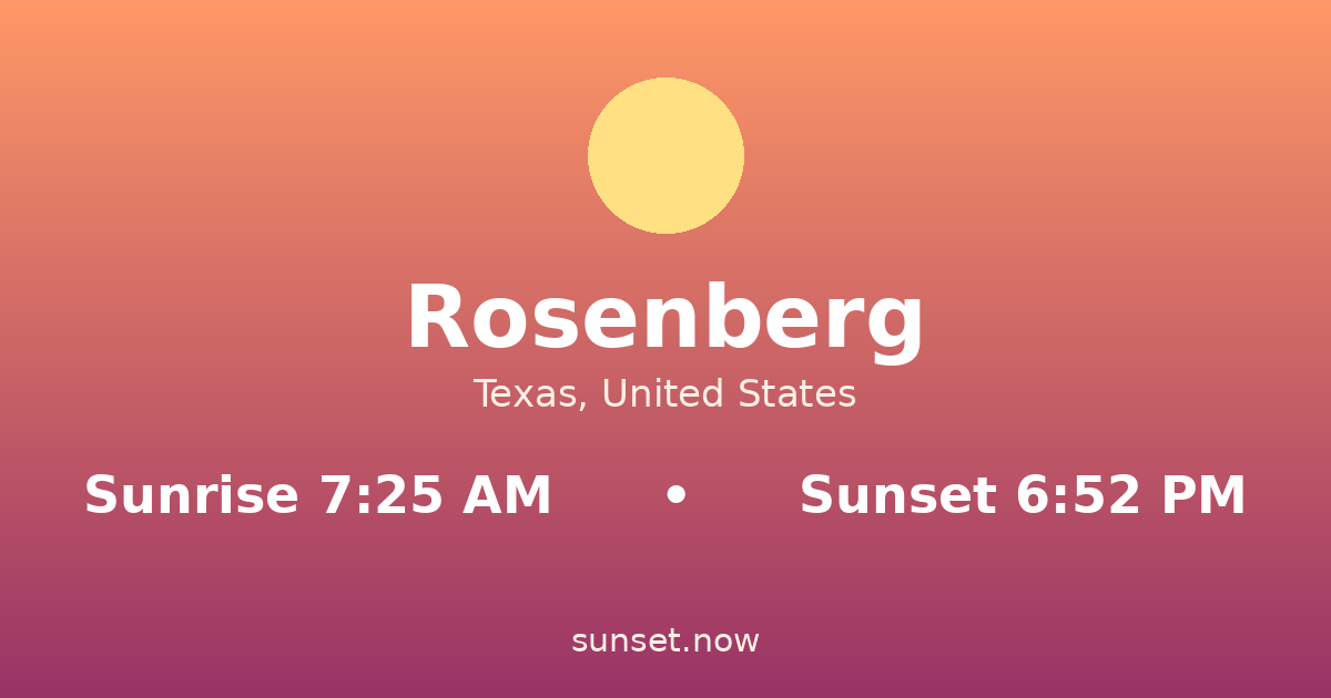 Sunrise & sunset times in Rosenberg, Texas — sunrise 7:25 AM, sunset 6:52 PM