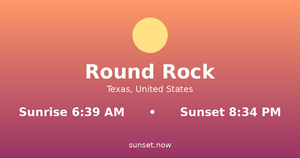 Sunrise & sunset times in Round Rock, Texas — sunrise 6:39 AM, sunset 8:34 PM