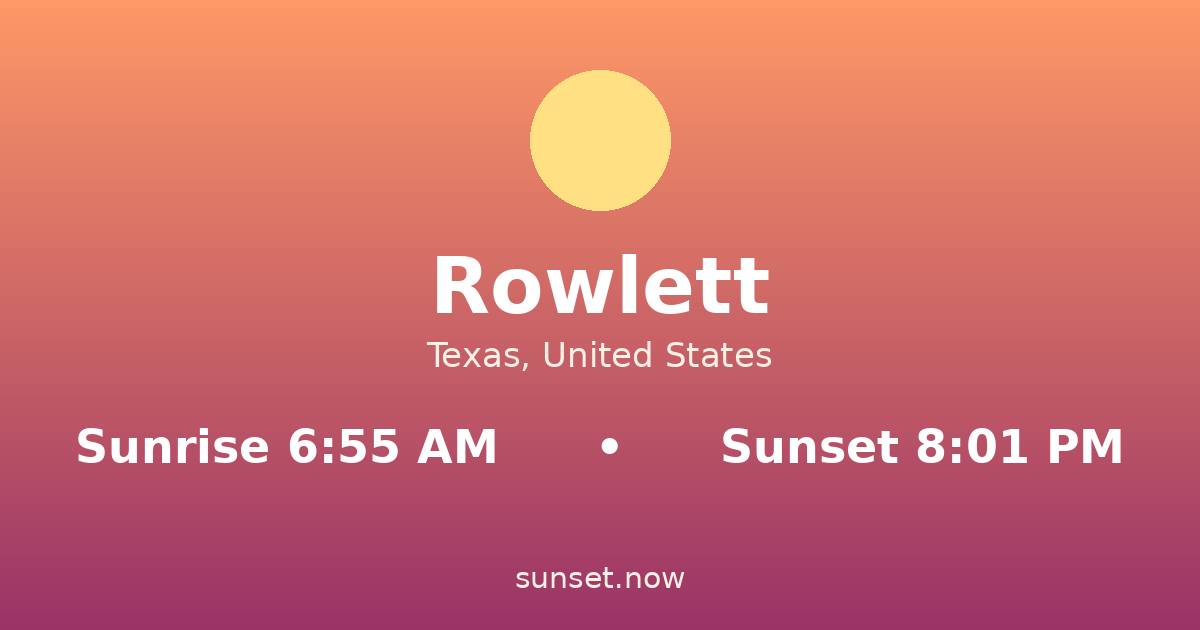 Sunrise & sunset times in Rowlett, Texas — sunrise 6:55 AM, sunset 8:01 PM