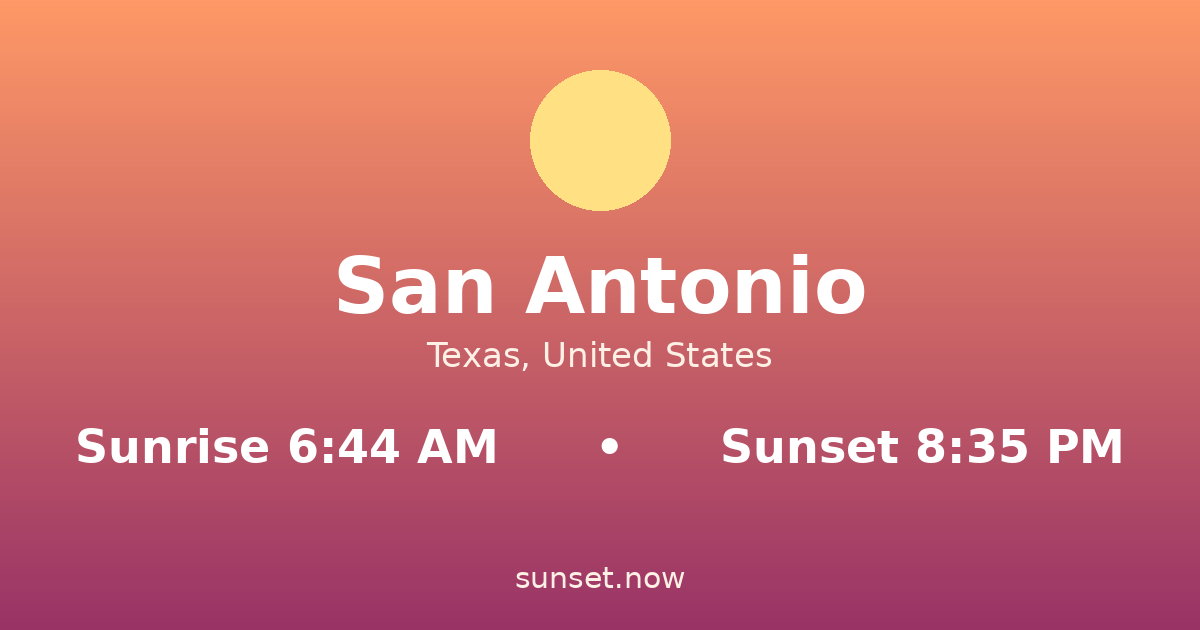 Sunrise & sunset times in San Antonio, Texas — sunrise 6:44 AM, sunset 8:35 PM