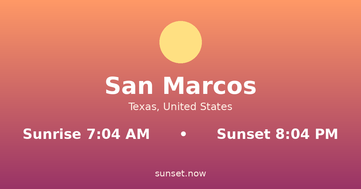 Sunrise & sunset times in San Marcos, Texas — sunrise 7:04 AM, sunset 8:04 PM