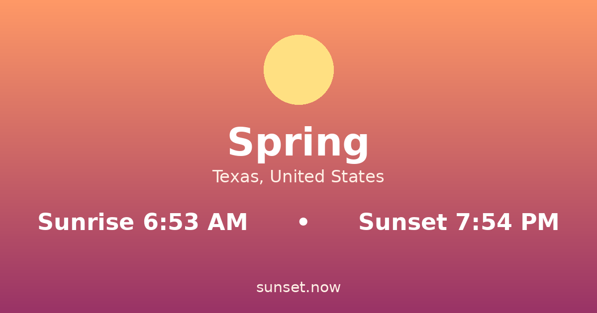 Sunrise & sunset times in Spring, Texas — sunrise 6:53 AM, sunset 7:54 PM