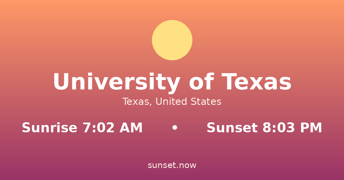 Sunrise & sunset times in University of Texas, Texas — sunrise 7:02 AM, sunset 8:03 PM