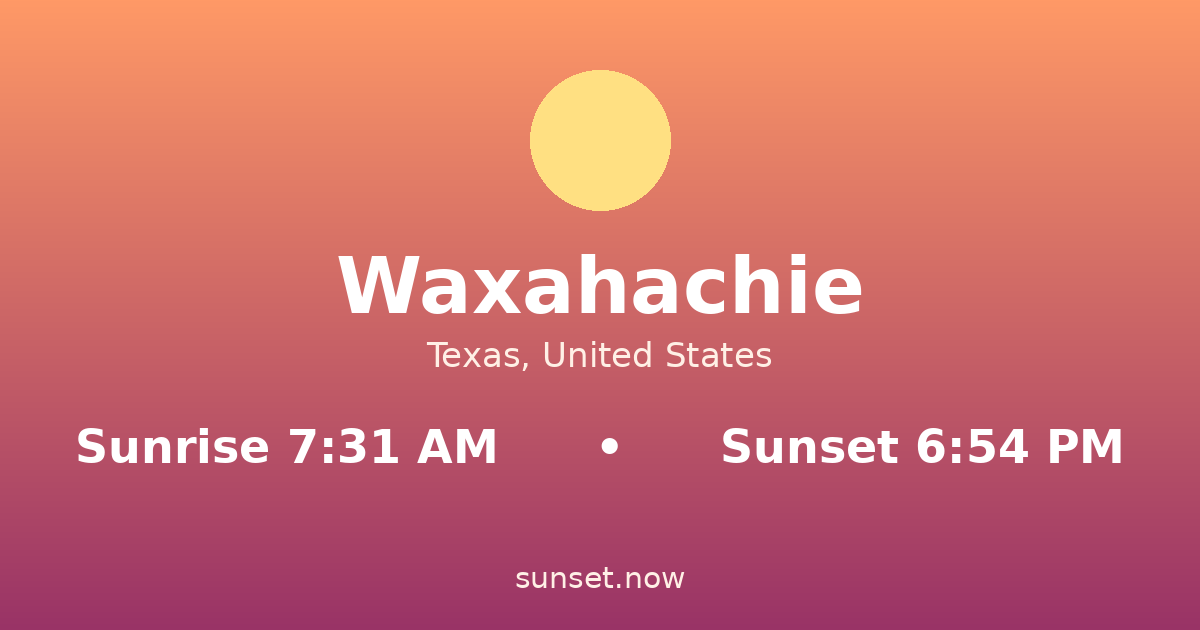 Sunrise & sunset times in Waxahachie, Texas — sunrise 7:31 AM, sunset 6:54 PM