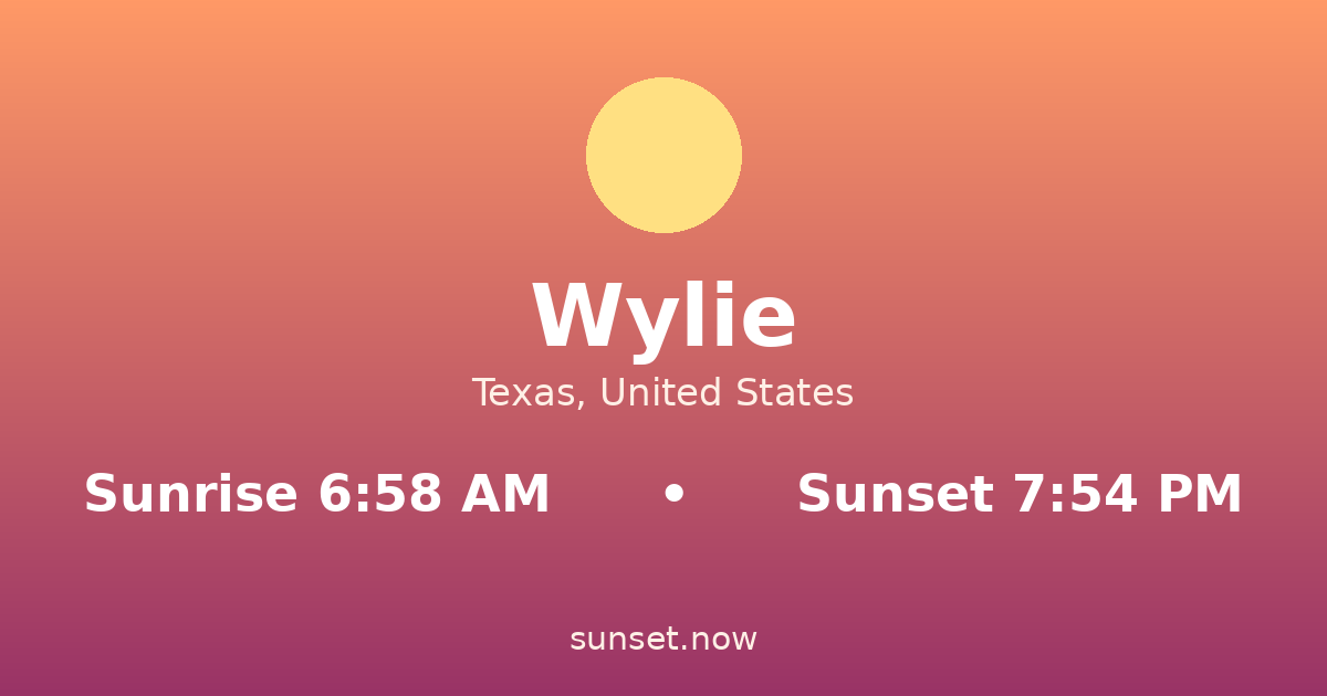 Sunrise & sunset times in Wylie, Texas — sunrise 6:58 AM, sunset 7:54 PM