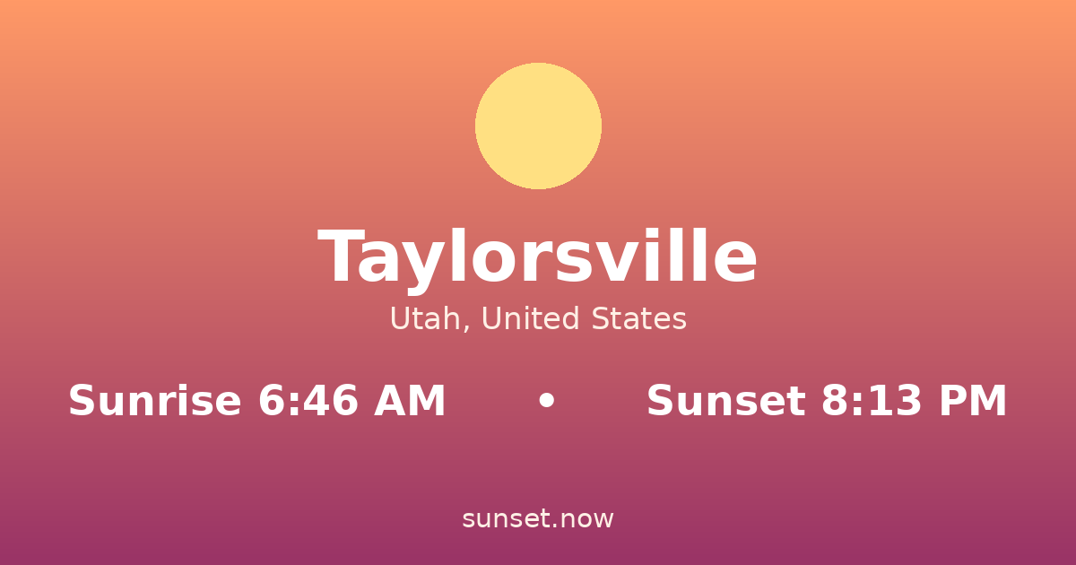 Sunrise & sunset times in Taylorsville, Utah — sunrise 6:46 AM, sunset 8:13 PM