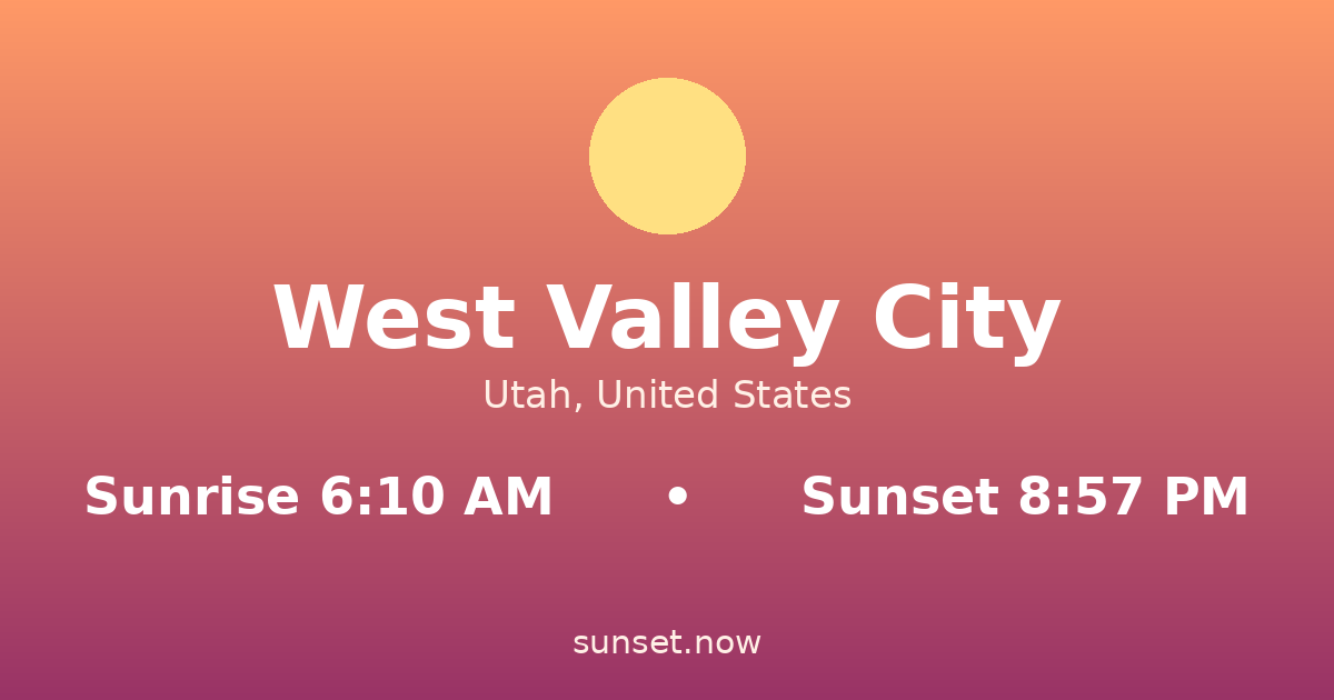 Sunrise & sunset times in West Valley City, Utah — sunrise 6:10 AM, sunset 8:57 PM