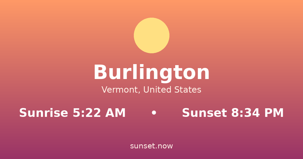 Sunrise & sunset times in Burlington, Vermont — sunrise 5:22 AM, sunset 8:34 PM