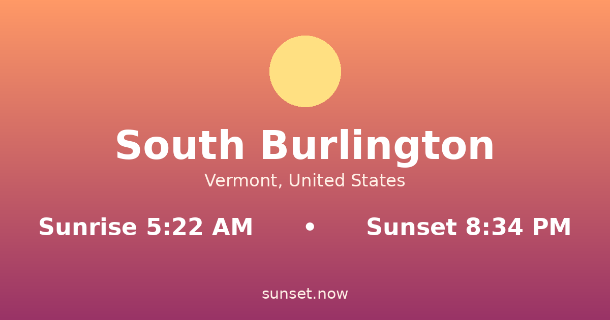 Sunrise & sunset times in South Burlington, Vermont — sunrise 5:22 AM, sunset 8:34 PM