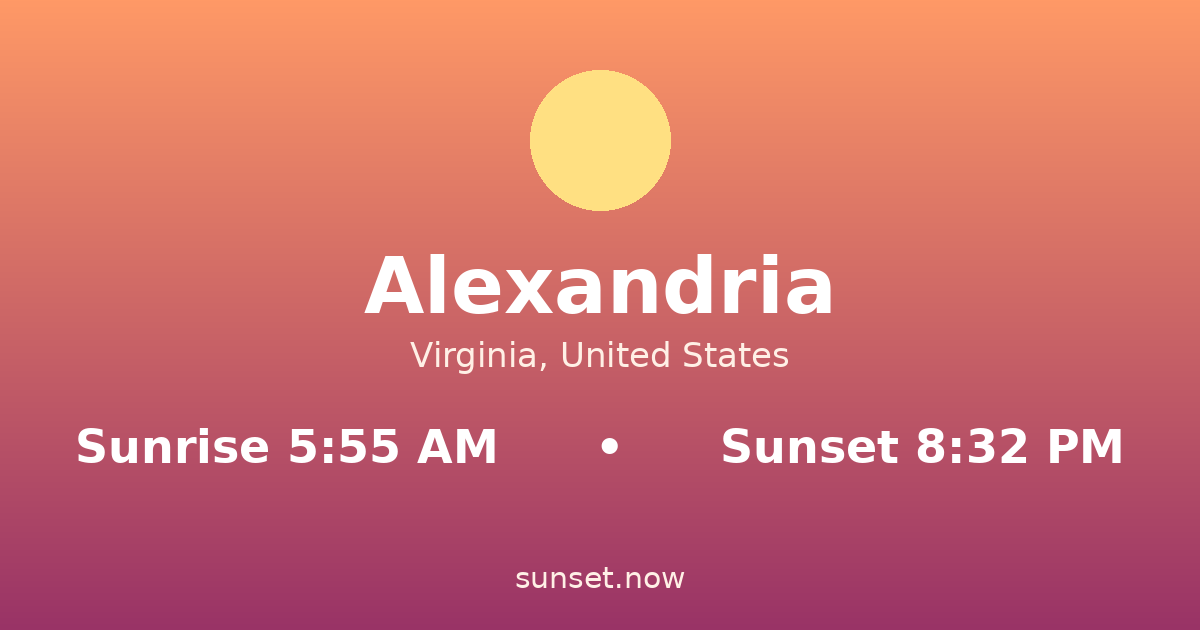 Sunrise & sunset times in Alexandria, Virginia — sunrise 5:55 AM, sunset 8:32 PM