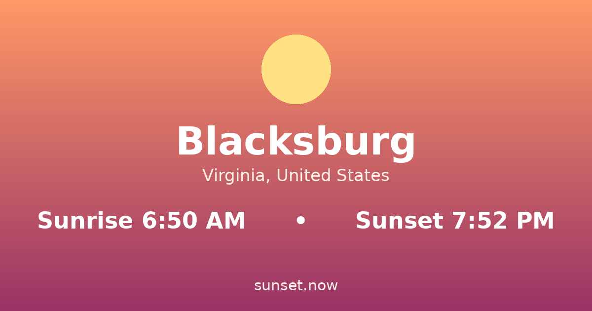 Sunrise & sunset times in Blacksburg, Virginia — sunrise 6:50 AM, sunset 7:54 PM